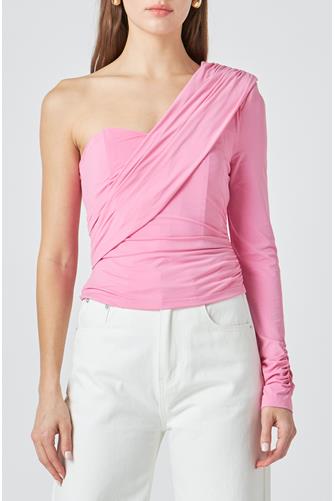 One Shoulder Shirred Knit Top PINK