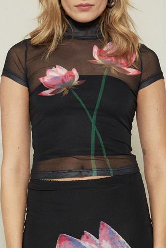 Digital Flower Print Mesh Top BLACK