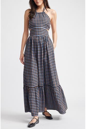 Isolde Maxi Cut Out Dress BLUE BROWN CHECKERS