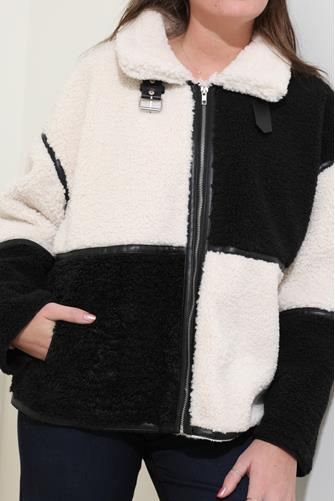 Colorblock Fuzzy Jacket BLACK/WHITE COLOR BLOCK