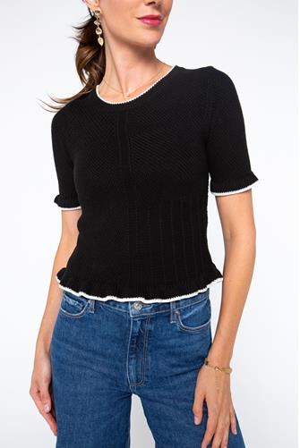 Mixed Stitch Ruffle Pullover Sweater BLACK/ SEA SALT