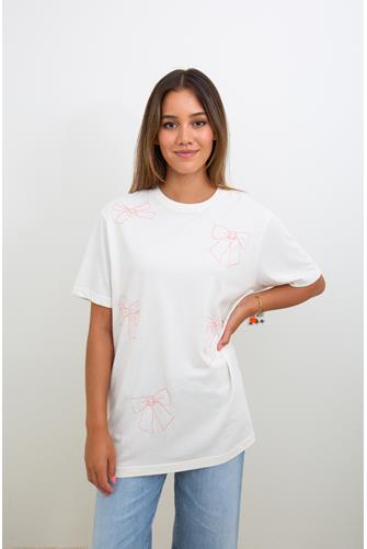 Bow Embroidered Outline Oversized Tee Cream