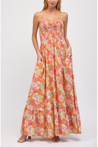Printed Rouched Bodice Maxi Dress ORANGE MULTI