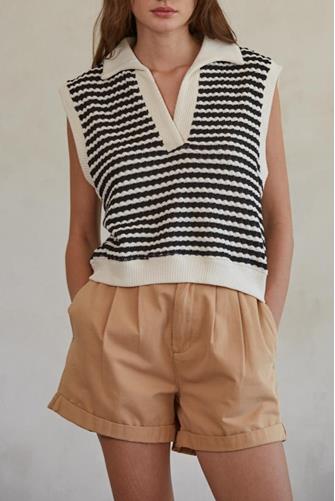 Stripe Sleeveless Polo Vest Ivory/Black