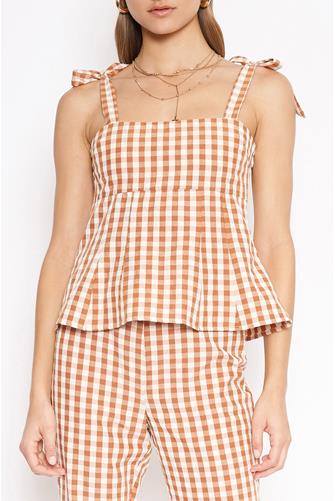 Gingham Tie Shoulder Top Brown