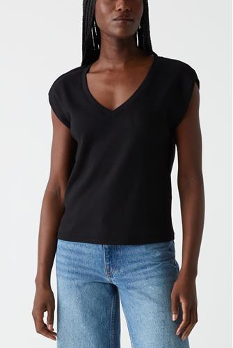 Tati V Neck Power Shoulder Top BLACK