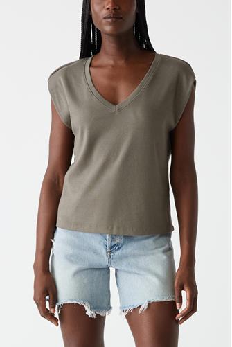 Tati V Neck Power Shoulder Top OLIVE