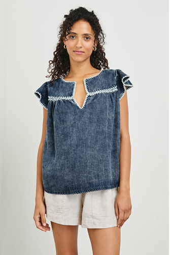 Tafia Flutter Sleeve Stitch Top BLEACHED INDIGO