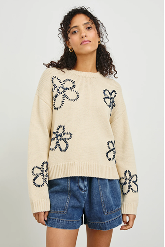 Zoey Sweater Top IVORY NAVY STITCHED DAISES