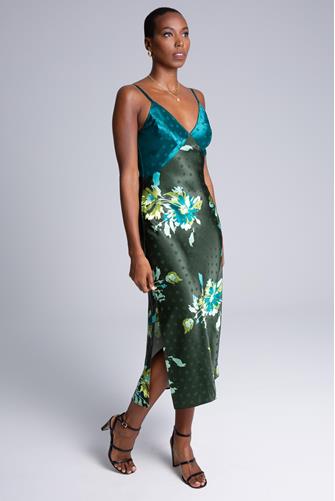 Satin Jacquard Mix Print Slip Dress EVERGREEN FLORAL