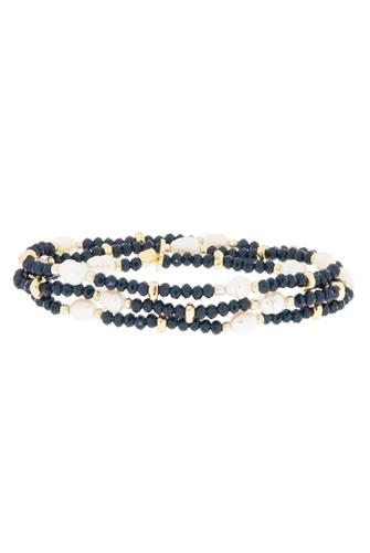 Crystal Beaded Pearl Stretch Bracelet GOLD/ NAVY