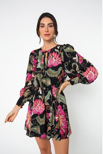 Floral Printed Peasant Mini Dress Wallpaper Floral