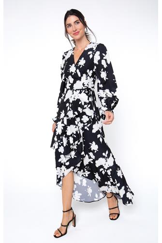 Long Sleeve Printed Wrap Dress B&W Painterly Floral