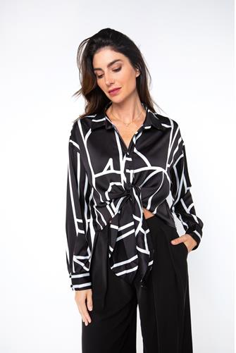 Long Sleeve Tie Front Shirt LINEAR ABSTRACT PRINT