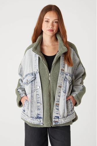 Slumber Party Sherpa Denim Jacket INDIGO AND SAGE SHERPA COMBO