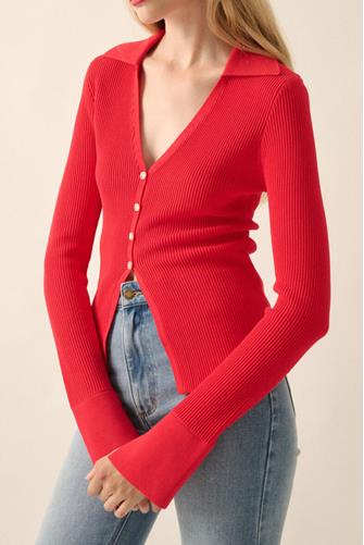 Carla Long Sleeve Ribbed Top CHERRY RED