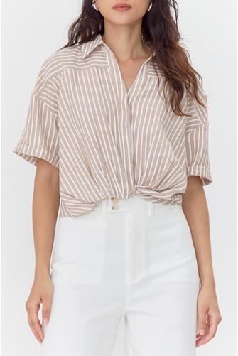 Maria Cropped Twist Front Stripe Shirt Chestnut