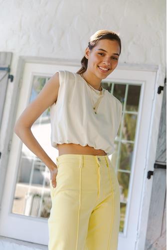Alisa Padded Shoulder Jersey Bubble Top White