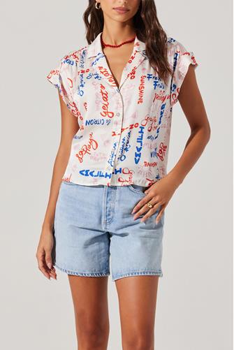 Callen Button Down Top WHITE MULTI SCRIPT
