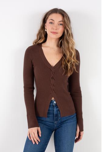 Jamie Cable V-Neck Sweater ESPRESSO