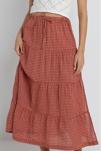 Lola Check Tiered Maxi Skirt RED