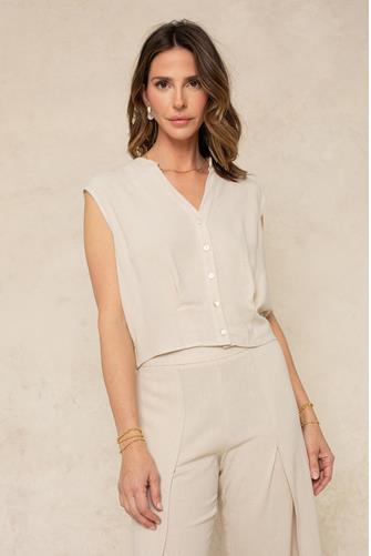 Alex Cinched Bottom Sleeveless Button Down NATURAL