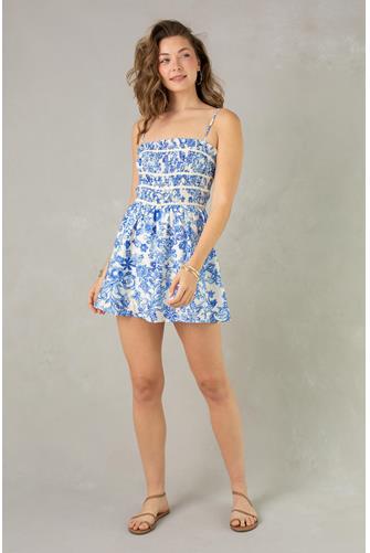 Smocked Fit And Flare Mini BLUE WHITE