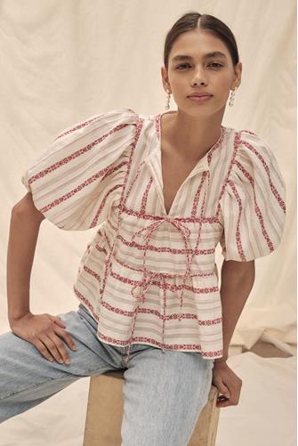 Fernanda Floral Folk Stripe Top RED CREME