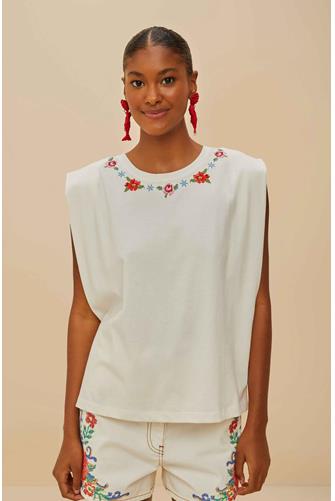Cross Stitch Flowers Off- White Tshirt OFF WHITE