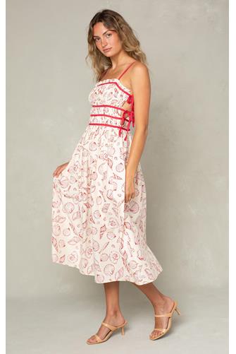 Shelly Side Tie Midi Dress RED SHELL PRINT