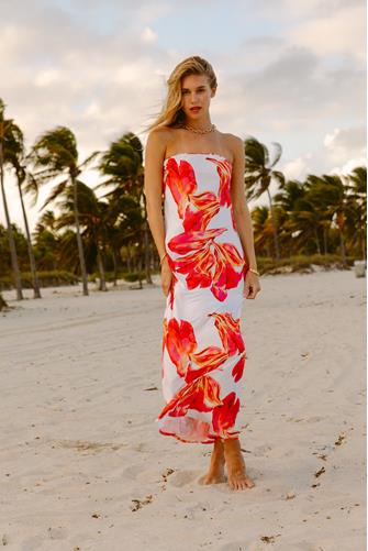 Flora Tube Maxi Dress WHITE/CORAL FLORAL PRINT