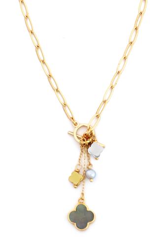 Two Tone Clover Charm Y-Necklace GOLD