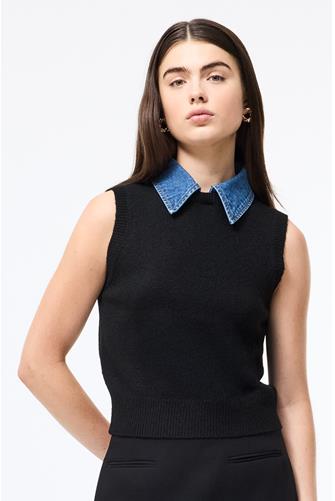 Ellie Knit Collared Vest BLACK- BLUE DENIM