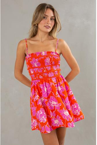 Jillian Smocked Fit and Flare Mini ORANGE MULTI