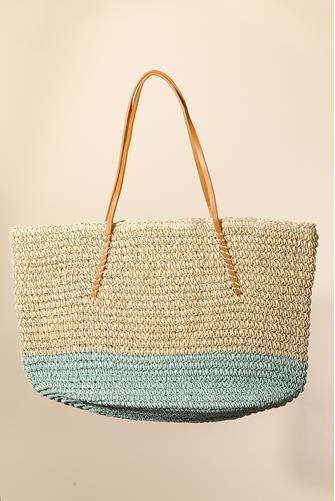 Straw Braided Beach Tote Bag NATURAL/BLUE