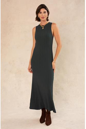 Liza Boat Neck Wide Rib Midi Dress PINE