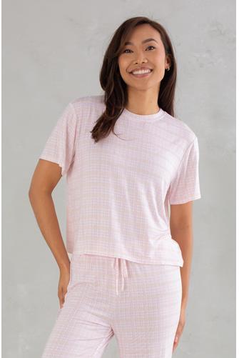 Cozy Short Sleeve Top PINK HOUNDSTOOTH