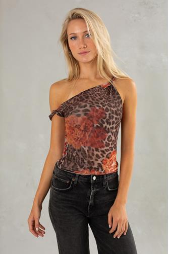 Floral Leopard Asymmetric Sleeveless Top LEOPARD ORANGE FLORAL