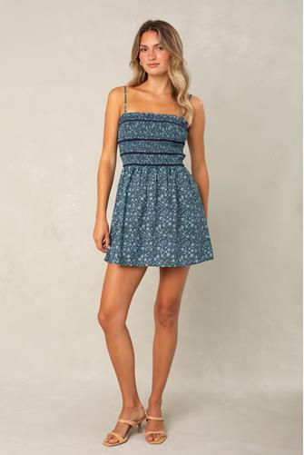 Jillian Smocked Fit And Flare Mini Dress NAVY MULTI