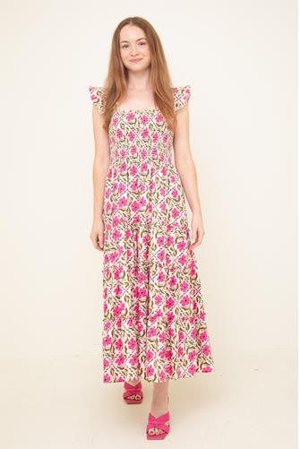 Calypso Smocked Midi Dress GEOMETRIC PINK FLORAL