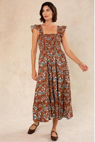 Calypso Smocked Maxi Dress BROWN IRIS FLORAL