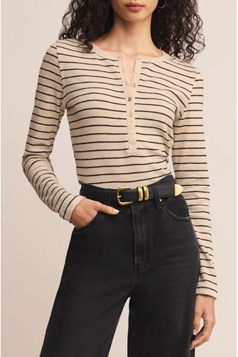 Eve Stripe Henley Long Sleeve LITE OATMEAL HEATHER