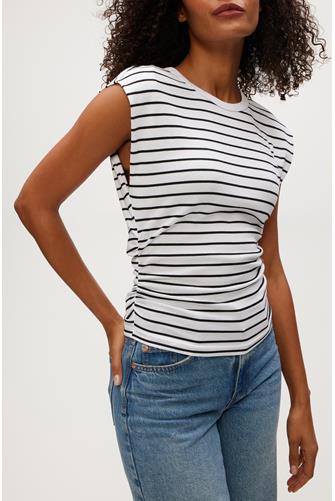 Joni Crew Neck Power Shoulder Stripe WHITE/BLACK