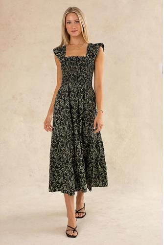 Calypso Smocked Midi Dress BLACK FLORAL SATEEN