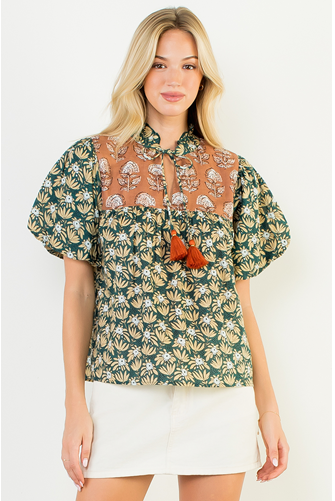 Puff Sleeve Printed Combo Blouse GREEN MULTI