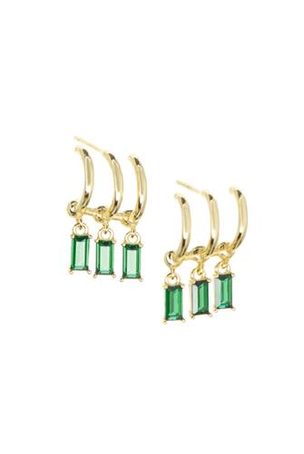 3 Hoop Stud Earring With Rectangle Cz Charms GOLD/EMERALD