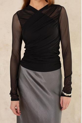 Misha Cross Front Mesh Long Sleeve BLACK
