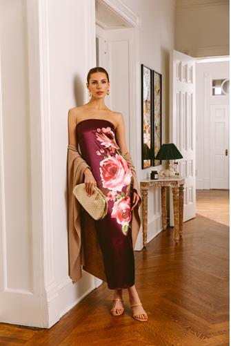 Sienna Strapless Column Midi Dress BURGUNDY