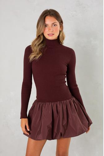 Serena Mixed Media Bubble Mini Dress PLUM