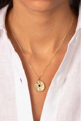 Blue CZ Textured Coin Necklace GOLD